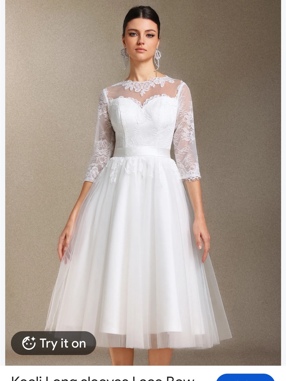 Elegant White Lace Tea-Length Dress with Sheer Sleeves